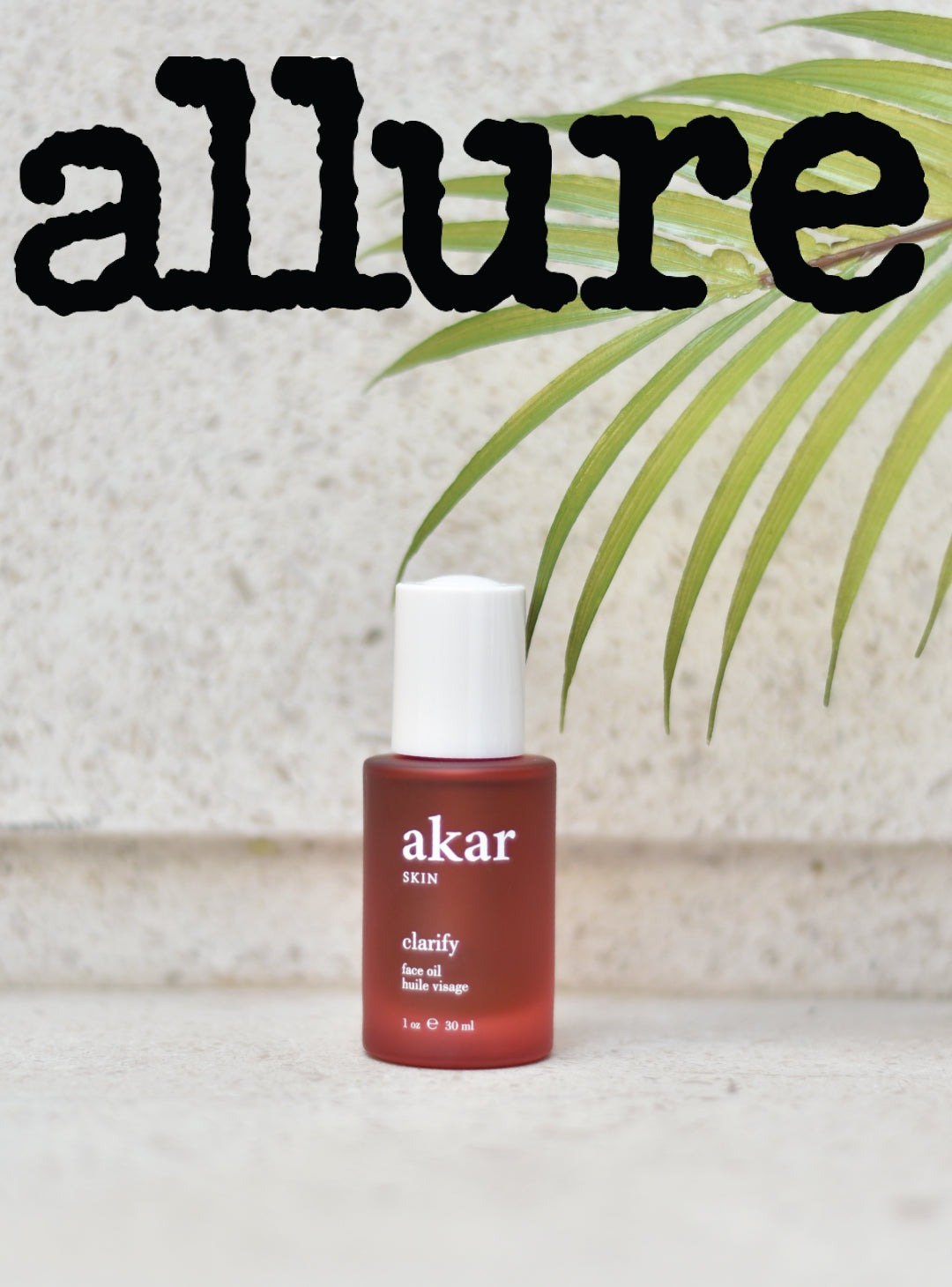 clarify face oil, red bottle, allure, leaf, akar