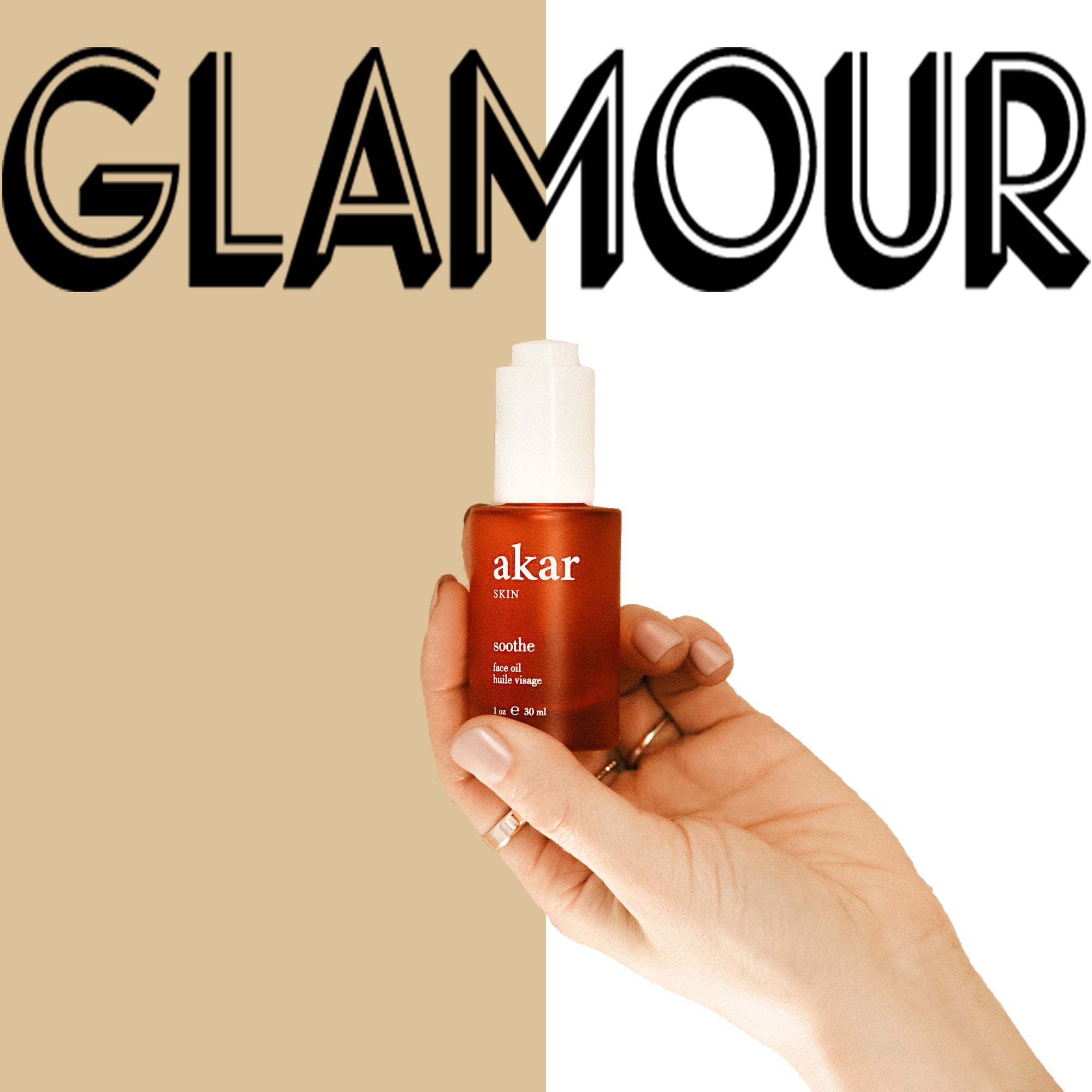 Glamour, soothe, face oil, hand, akar