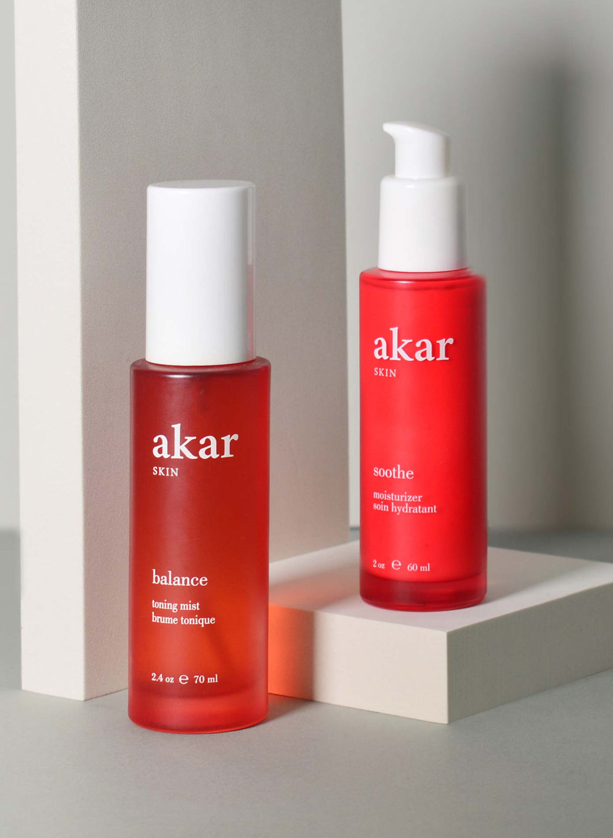 Akar Skin, Fresh Rose Duo, Balance Toner, Soothe Moisturizer, skincare products, bottles, lifestyle photography
